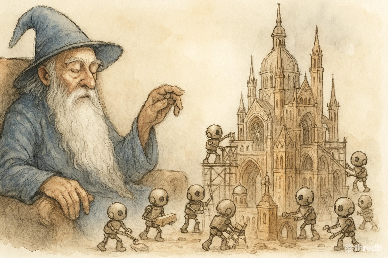 A wizard directing robots to build a masterpiece