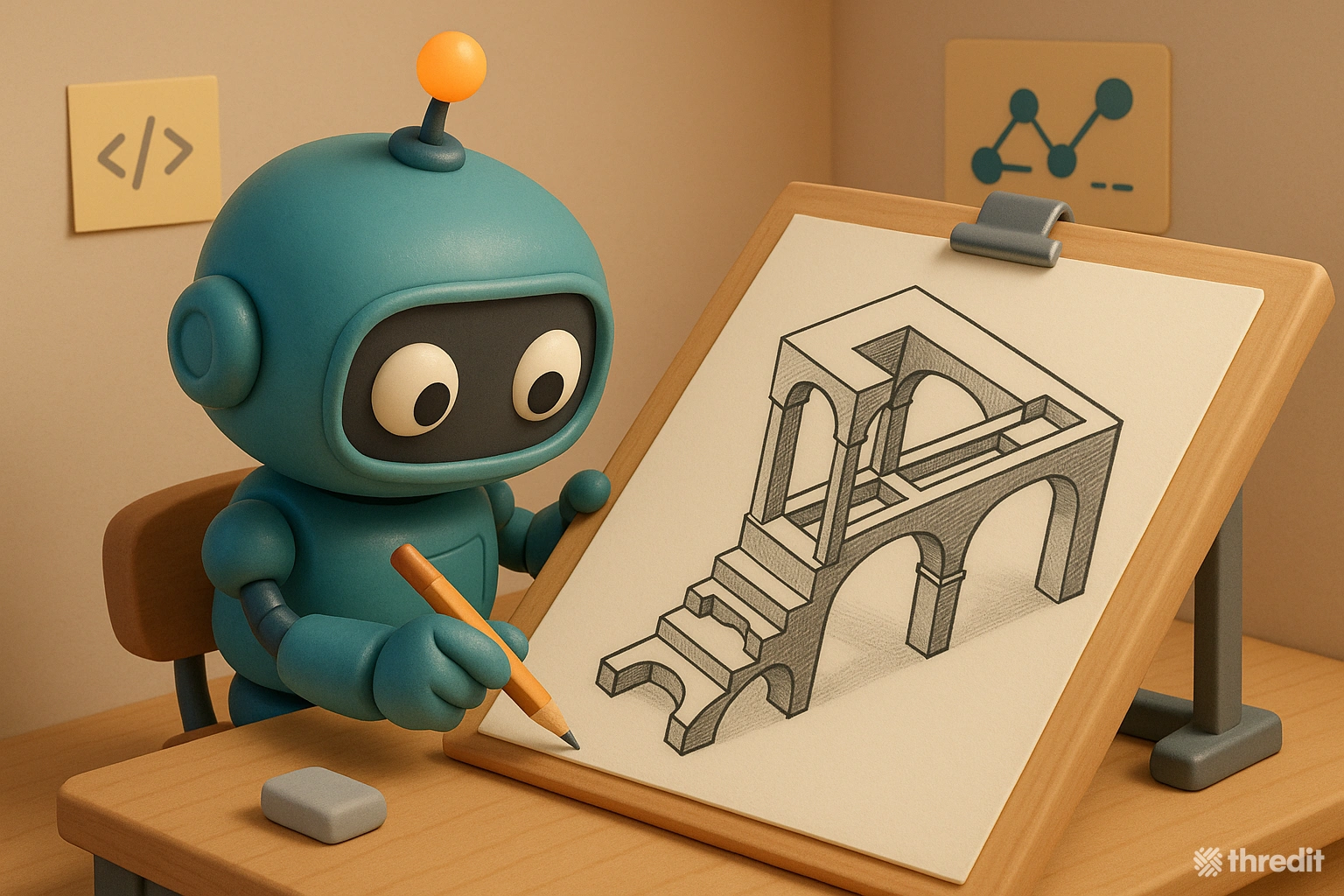 Robot architect drawing impossible bridges