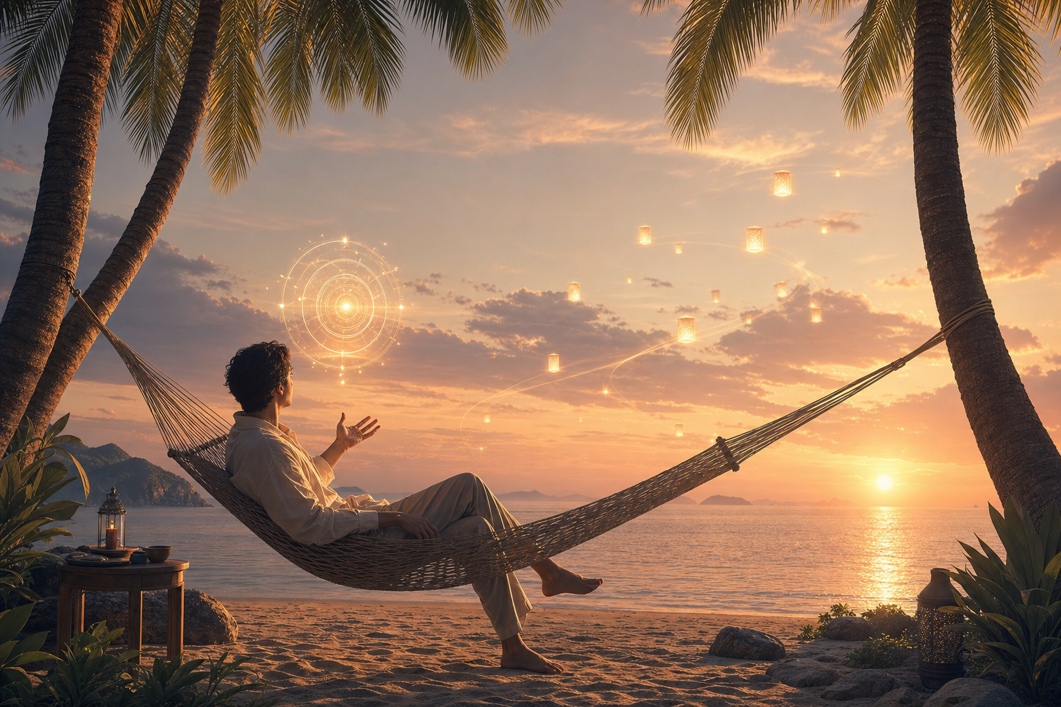Beach scene with person relaxing in hammock interacting with futuristic device