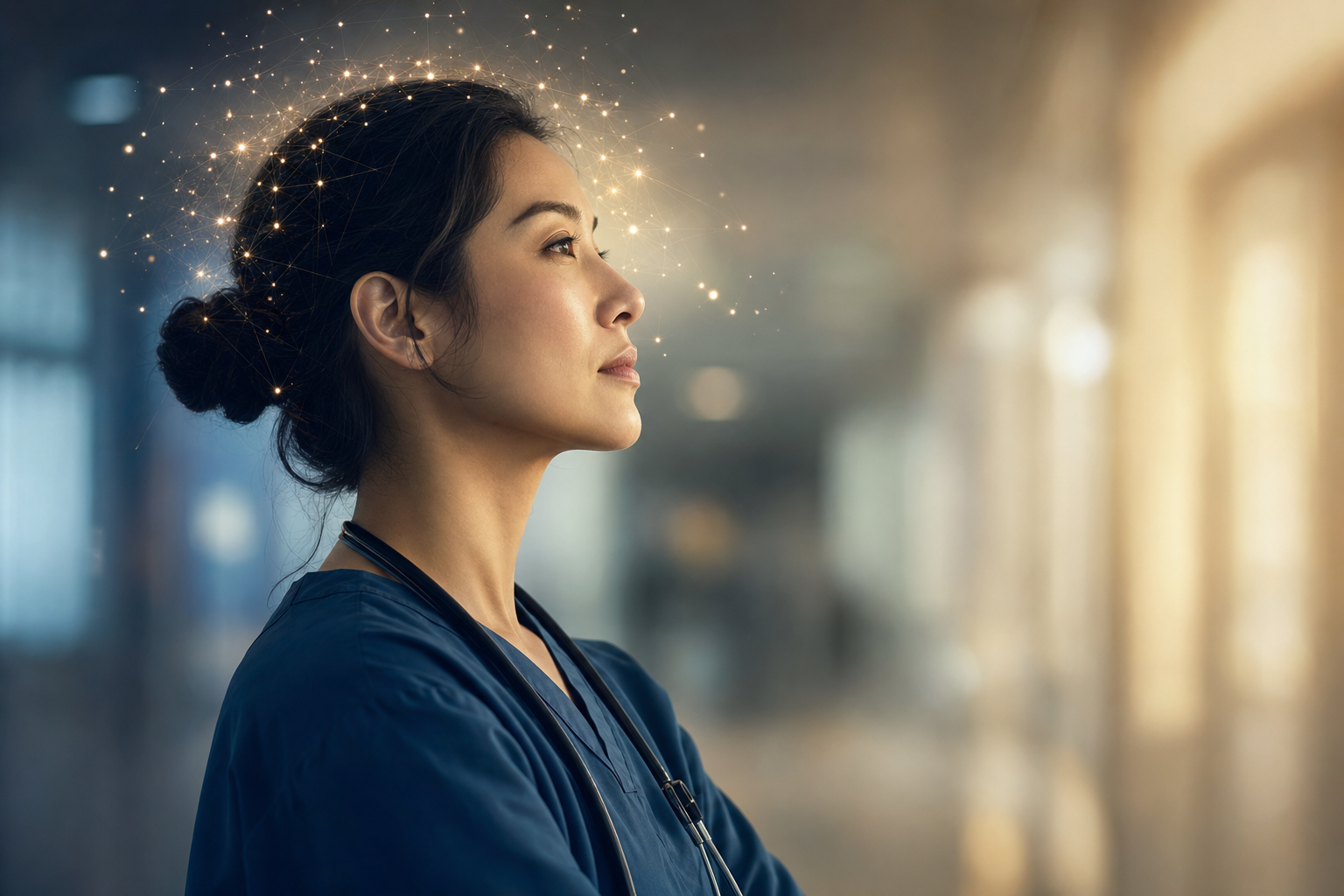 A futuristic, artistic representation of a healthcare professional whose mind is subtly augmented