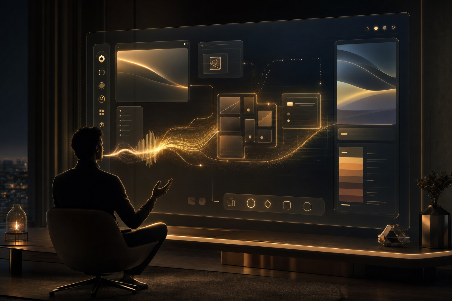 A glowing, abstract visualization of a user customizing their operating system with natural language