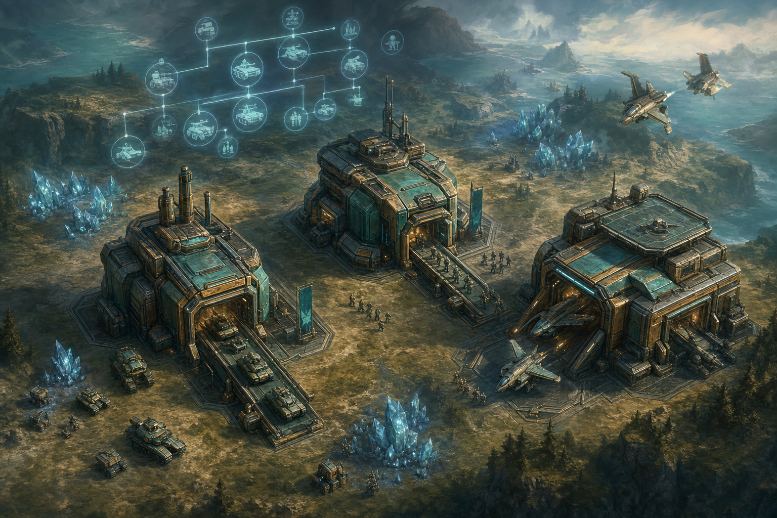 A fictional real-time strategy video game scene with unit factories for tanks, infantry, and aircraft