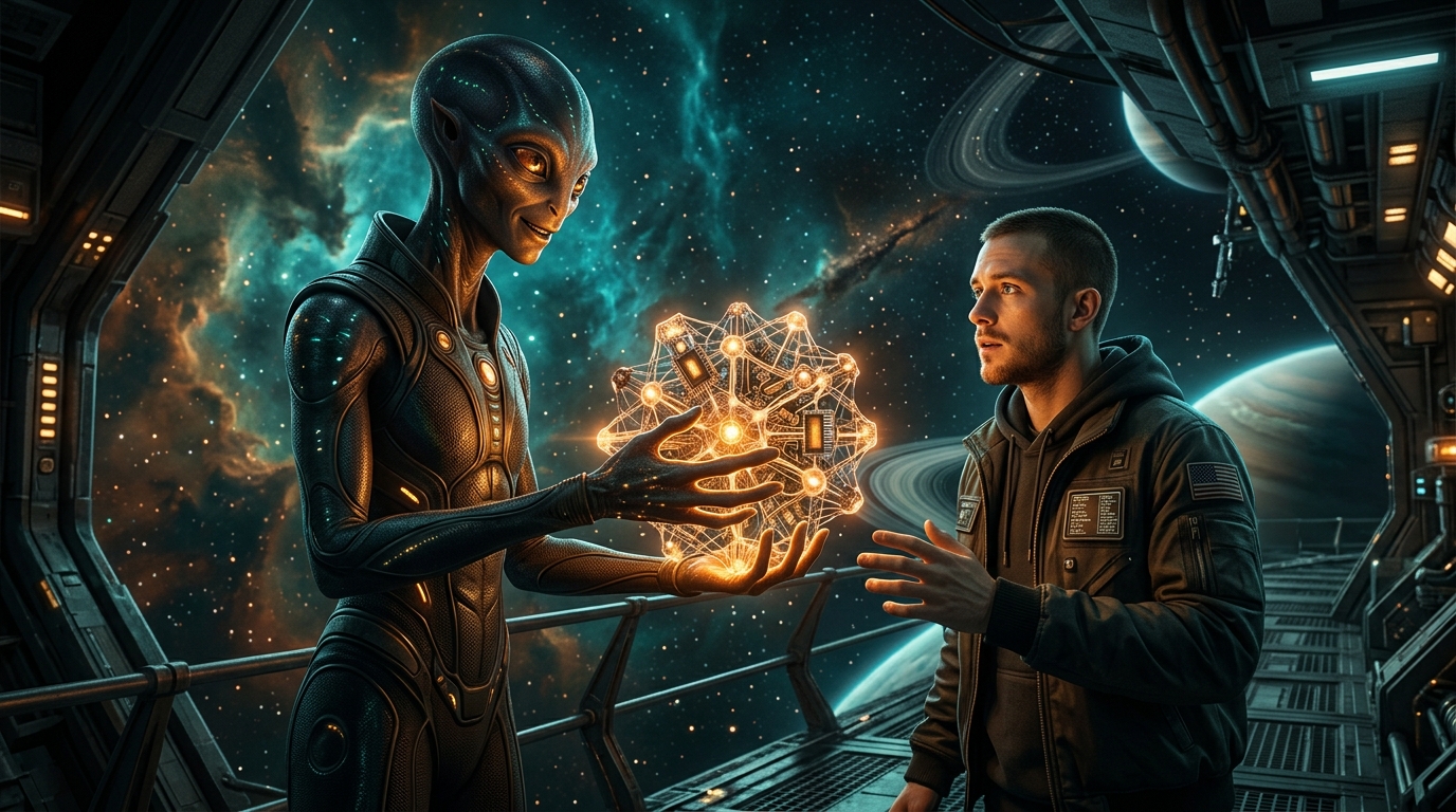 An alien offering a strange unified compute-memory device to a programmer