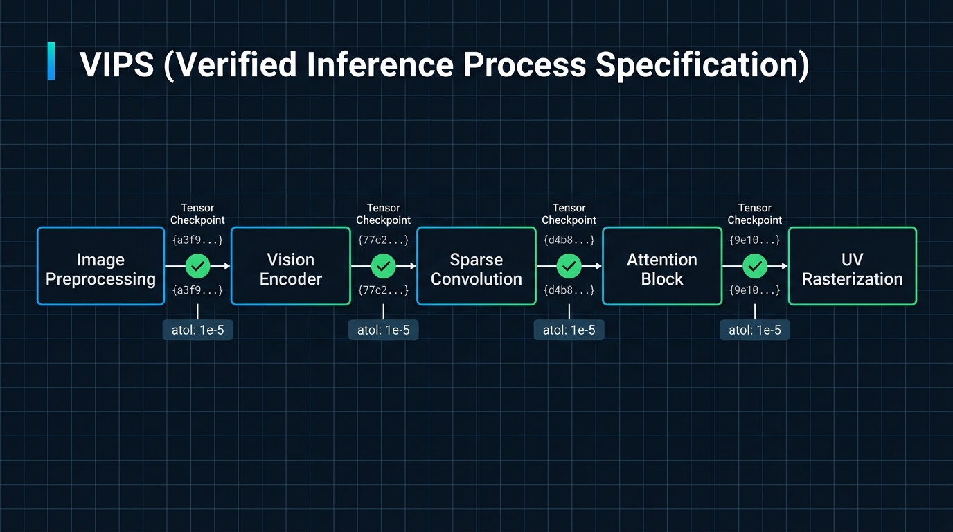 VIPS pipeline: stages with tensor checkpoint verification between each step